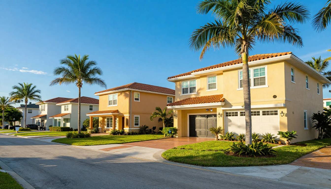 A bright, cinematic coastal neighborhood in Jupiter, Florida, featuring luxury single-family home